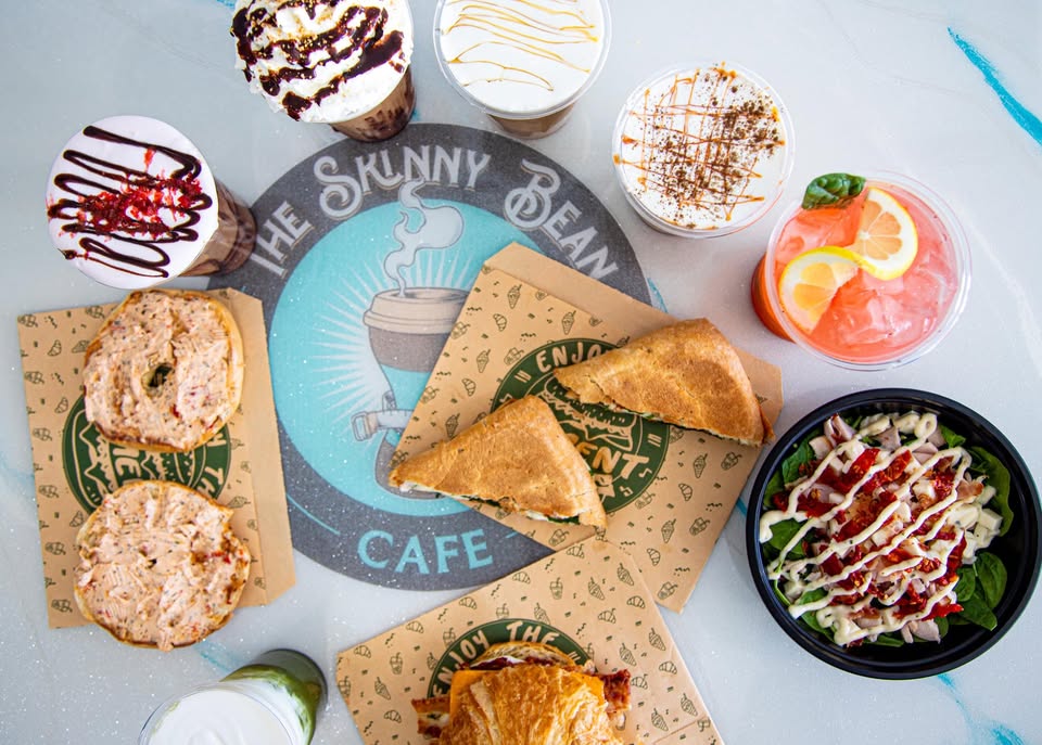 Skinny Bean Cafe drinks, sandwiches, bagels, and a fresh salad
